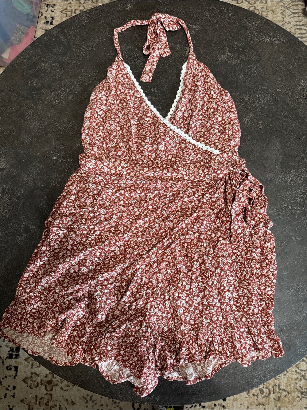 miami Rust Floral Halter Romper with Lace Trim
